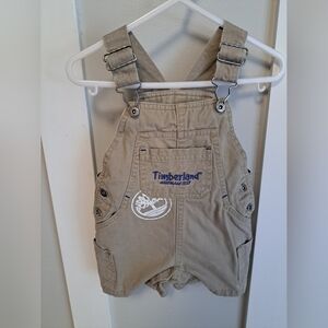 Timberland Baby Overalls – Khaki Logo Shortalls – Size 6-9 Months